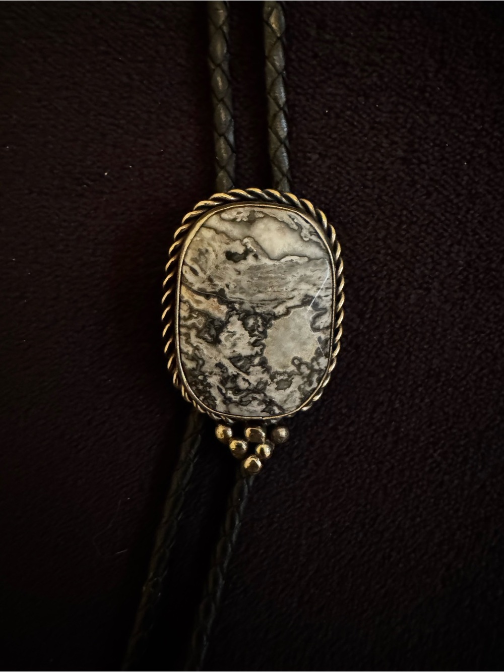 Western Leather Bolo Tie with Marbled Stone by Paige Wallace